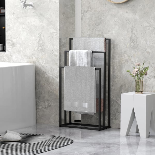 HOMCOM Stående Håndklædeholder af Sort Stål med 3 Stænger - 45x21,5x85 cm