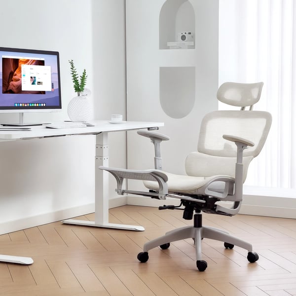 Ergonomisk Kontorstol - Beige Polyester Netstof, Justerbar med Hjul og Lændestøtte