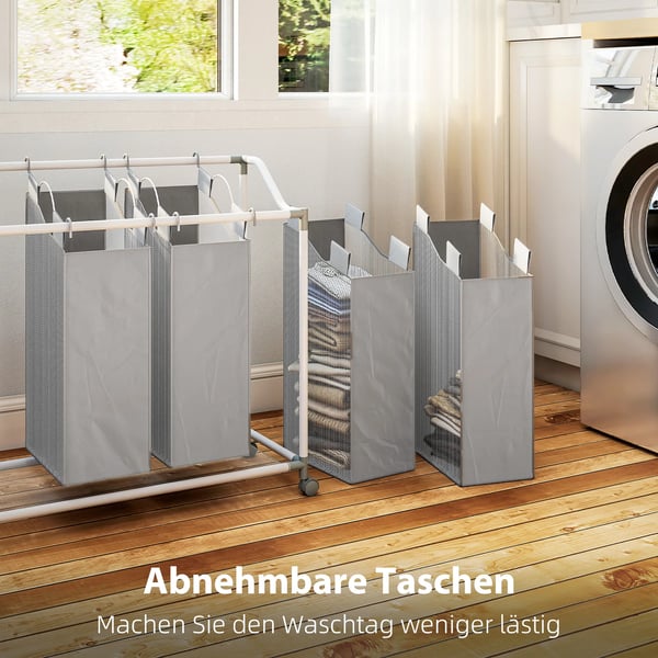 Vasketøjskurv med 4 rum 160 L vasketøjsopsamler med hjul, aftagelig vasketøjspose, 97 x 38 x 81 cm, grå