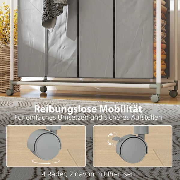 Vasketøjskurv med 4 rum 160 L vasketøjsopsamler med hjul, aftagelig vasketøjspose, 97 x 38 x 81 cm, grå