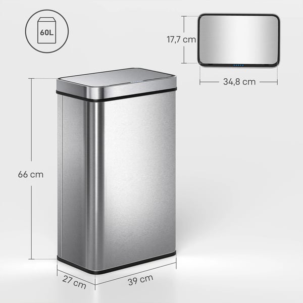 HOMCOM 60 L Automaattinen Sensorikori, Ruostumaton Teräs, Hopea