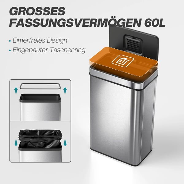 HOMCOM 60 L Automaattinen Sensorikori, Ruostumaton Teräs, Hopea