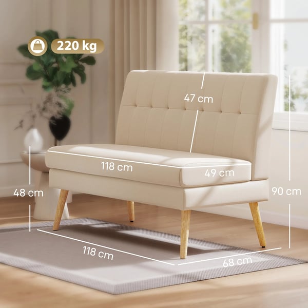 2-personers sofa, tuftet ryglæn, træben, tyk polstring, hør-look, til små rum, beige
