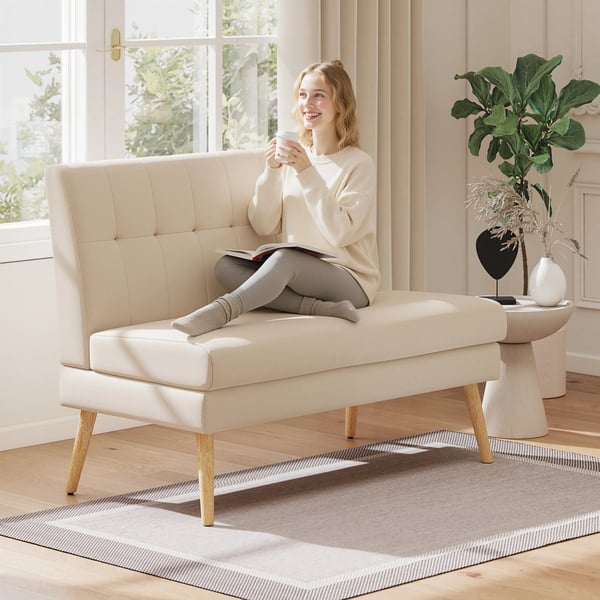 2-personers sofa, tuftet ryglæn, træben, tyk polstring, hør-look, til små rum, beige