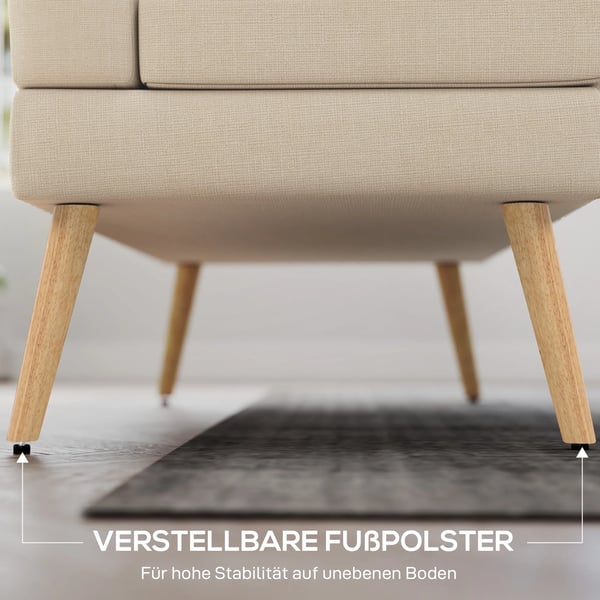 2-personers sofa, tuftet ryglæn, træben, tyk polstring, hør-look, til små rum, beige