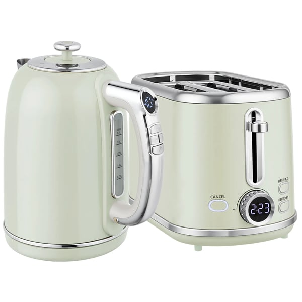 HOMCOM Retro Vattenkokare & Brödrost Set - Grå, 1.7L, 2200W, LED Display, Minnesfunktion