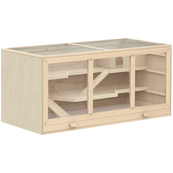 PawHut hamsterbur i naturligt træ, gnaverbur i 3 etager med trapper, PVC, 115x57x55 cm
