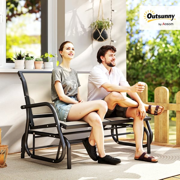 Outsunny 2-paikkainen keinutuoli, puutarhapenkki, puutarhakeinu, istuinpenkki, puistopenkki, metalliset puutarhakalusteet, musta+beige, 120 x 70 x 85 cm