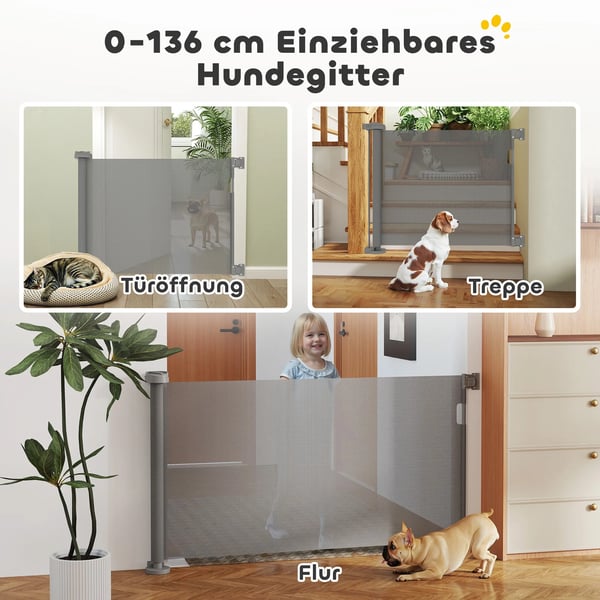 PawHut Udtrækkeligt Hundegitter - 136cm Bredde, 87cm Højde, Gråt Plastikmateriale - Sikkerhedsgitter til Døre og Trapper