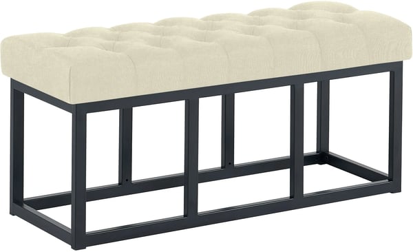 Amun Gräddvit Tyg Bänk, Quiltad Sits, Matt Svart Metallram, B100