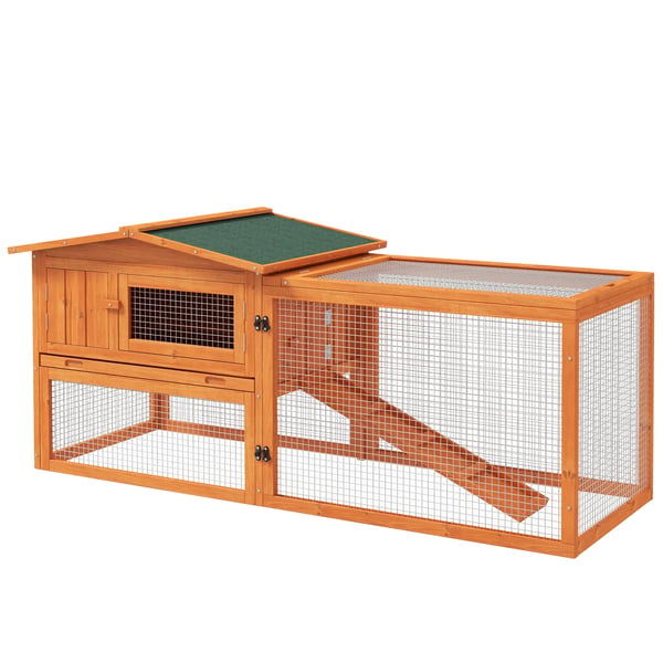 Liten Djurstall i Tallen med Asfaltstak, Kaninbur med Utdragbar Låda och Ramp, Orange, 156 x 58 x 68 cm