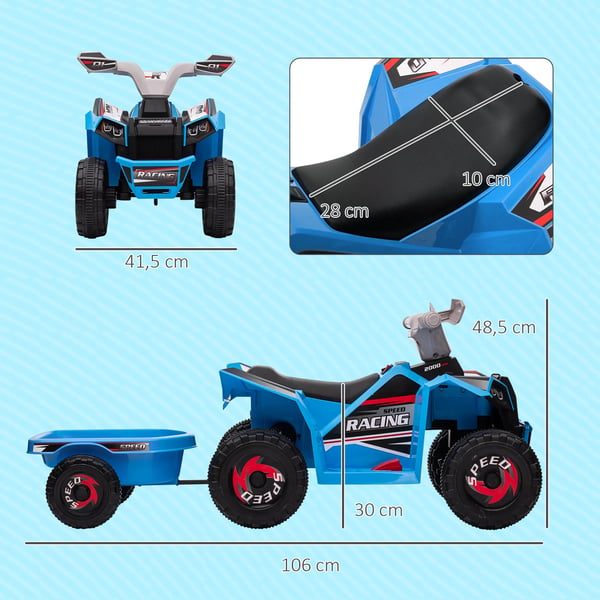 HOMCOM Brne el-quad med anhnger, 6V elbil til brn, 2,5 km/t, Bl, Gr, Sort