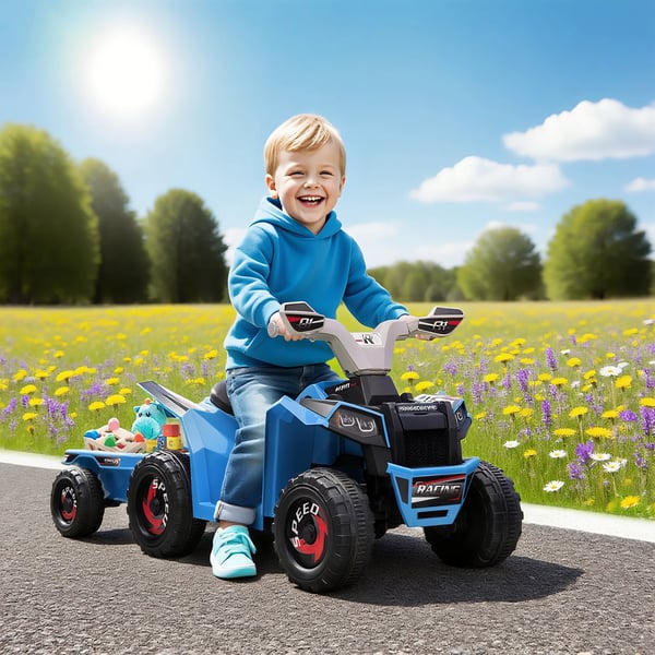 HOMCOM Brne el-quad med anhnger, 6V elbil til brn, 2,5 km/t, Bl, Gr, Sort