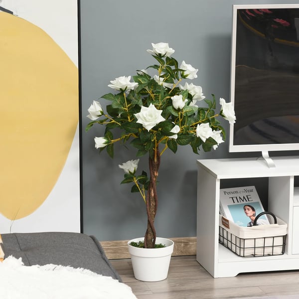 Outsunny Kunstig Rosenplante Hvid 90 cm - Plastik Kunstplante i Potte - Naturtro Stueplante til Hjem og Have
