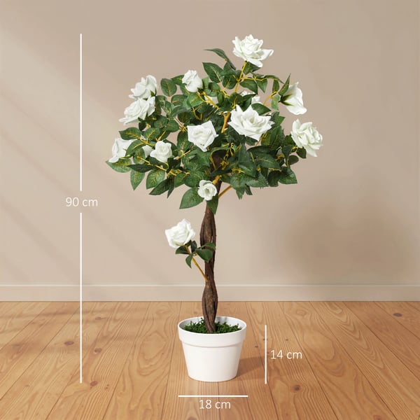 Outsunny Kunstig Rosenplante Hvid 90 cm - Plastik Kunstplante i Potte - Naturtro Stueplante til Hjem og Have