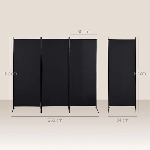 HOMCOM 3-delt Rumdeler, Skærmvæg med Metalramme, Sort Polyester, 253B x 182H cm