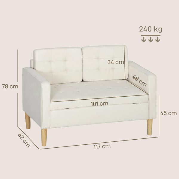 HOMCOM 2-personers sofa med opbevaring, knapdetaljer, fl_jet, gummitr_, 117x62x78cm, Creme