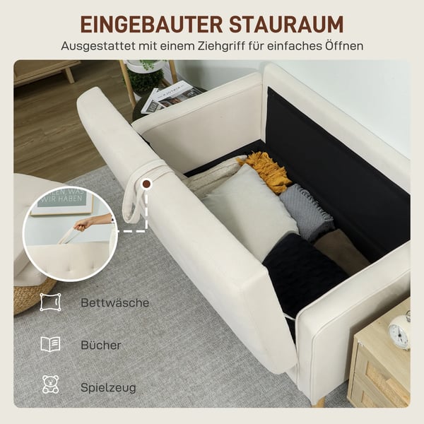 HOMCOM 2-personers sofa med opbevaring, knapdetaljer, fl_jet, gummitr_, 117x62x78cm, Creme