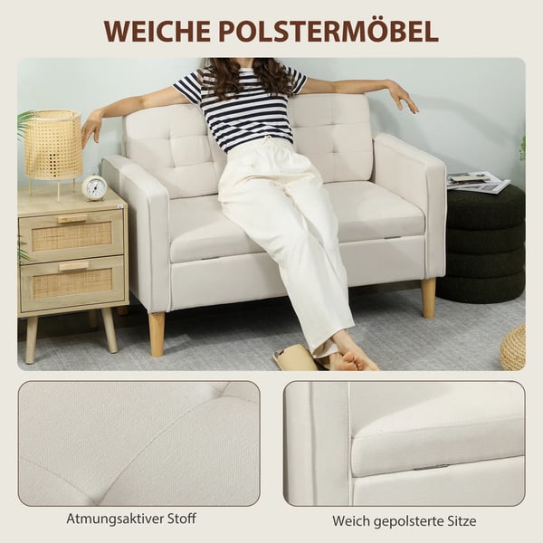 HOMCOM 2-personers sofa med opbevaring, knapdetaljer, fl_jet, gummitr_, 117x62x78cm, Creme