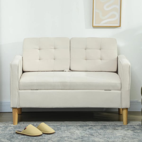 HOMCOM 2-personers sofa med opbevaring, knapdetaljer, fl_jet, gummitr_, 117x62x78cm, Creme