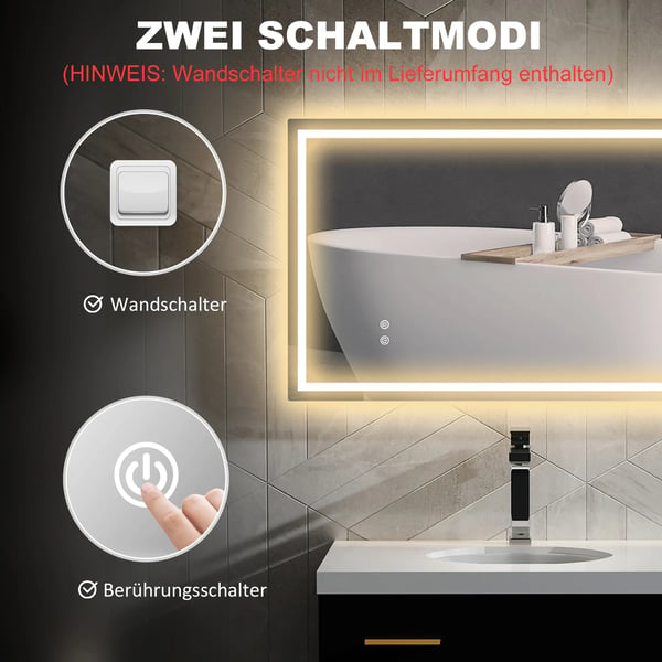 HOMCOM LED Badeværelsesspejl med Lys, Antidug, Justerbar Lysstyrke, IP44, Glas/Metal, Sølv, 100x60cm