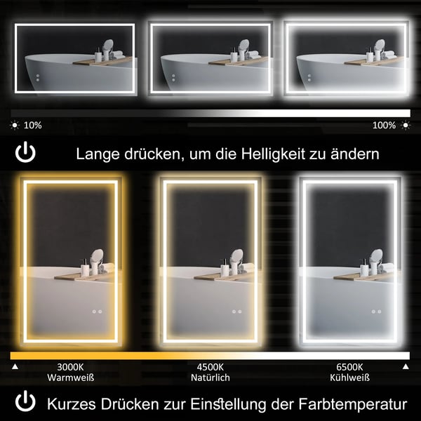 HOMCOM LED Badeværelsesspejl med Lys, Antidug, Justerbar Lysstyrke, IP44, Glas/Metal, Sølv, 100x60cm