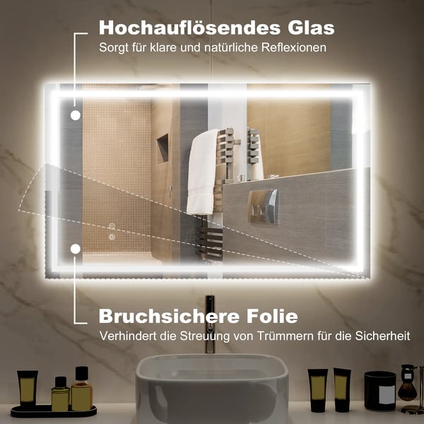 HOMCOM LED Badeværelsesspejl med Lys, Antidug, Justerbar Lysstyrke, IP44, Glas/Metal, Sølv, 100x60cm