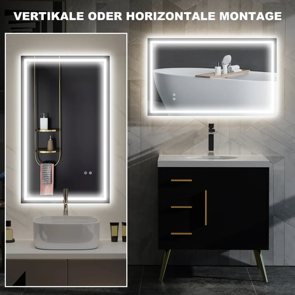 HOMCOM LED Badeværelsesspejl med Lys, Antidug, Justerbar Lysstyrke, IP44, Glas/Metal, Sølv, 100x60cm