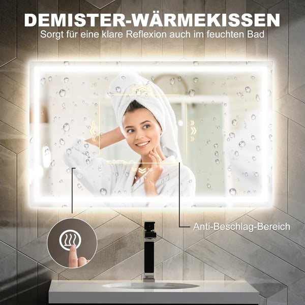 HOMCOM LED Badeværelsesspejl med Lys, Antidug, Justerbar Lysstyrke, IP44, Glas/Metal, Sølv, 100x60cm