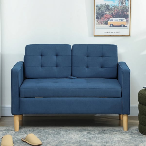 HOMCOM Tosædet Sofa med Opbevaring, Knapdetaljer, Blå, 117x62x78cm