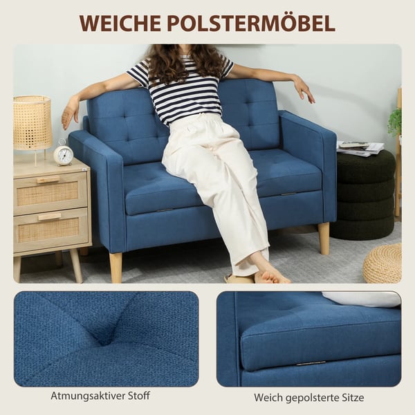 HOMCOM Tosædet Sofa med Opbevaring, Knapdetaljer, Blå, 117x62x78cm