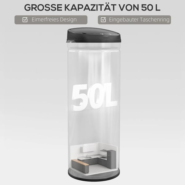 HOMCOM sensor skraldespand 50L, rustfrit stål, sølv, berøringsfri, soft-close