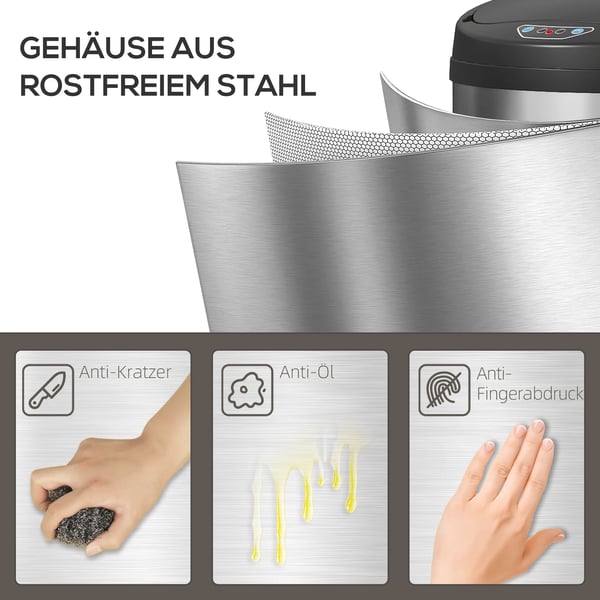 HOMCOM sensor skraldespand 50L, rustfrit stål, sølv, berøringsfri, soft-close