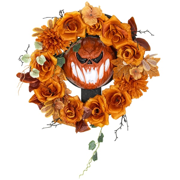 Outsunny Halloween-krans m. LED, græskar, blade, metal/plast, orange