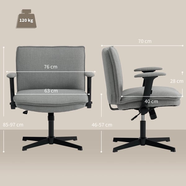 HOMCOM Kontorstol Grå - Bred, højdejusterbar, armlæn, stålbase, polyester