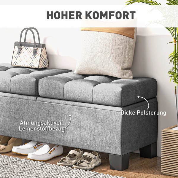 HOMCOM Opbevaringsbænk i grå polyester, polstret linnedlook, 116x41x47 cm
