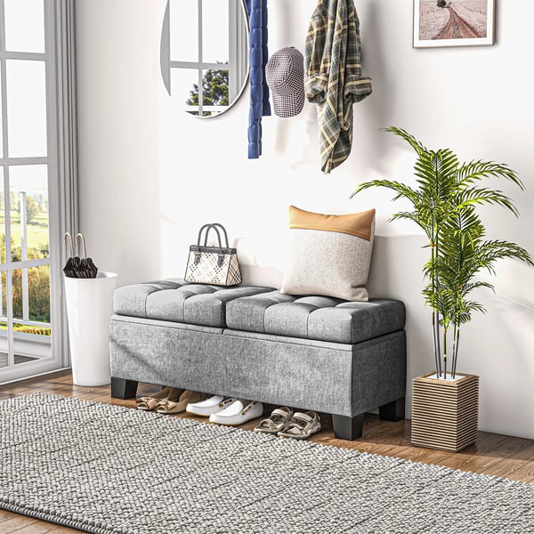 HOMCOM Opbevaringsbænk i grå polyester, polstret linnedlook, 116x41x47 cm