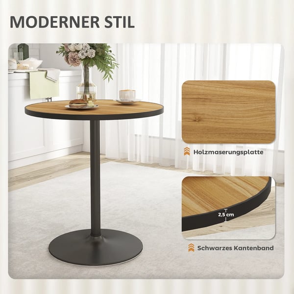 HOMCOM spisebord, rundt køkkenbord, moderne spisebord med bordplade i træ-look til 4 personer, sofabord til stuen, Ø70 x 76 cm, eg