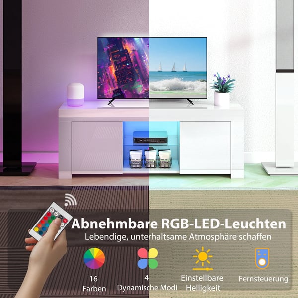 TV-taso LED RGB-valaistuksella, 2 ovea, lasihylly, valkoinen
