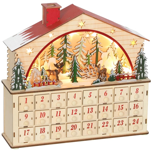 HOMCOM Julekalender med 24 skuffer og LED-lys, naturtræ, 36 x 10 x 34 cm