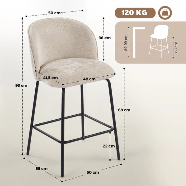 HOMCOM Sæt med 2 polstrede barstole i beige polyester og stål med ryg og fodstøtte