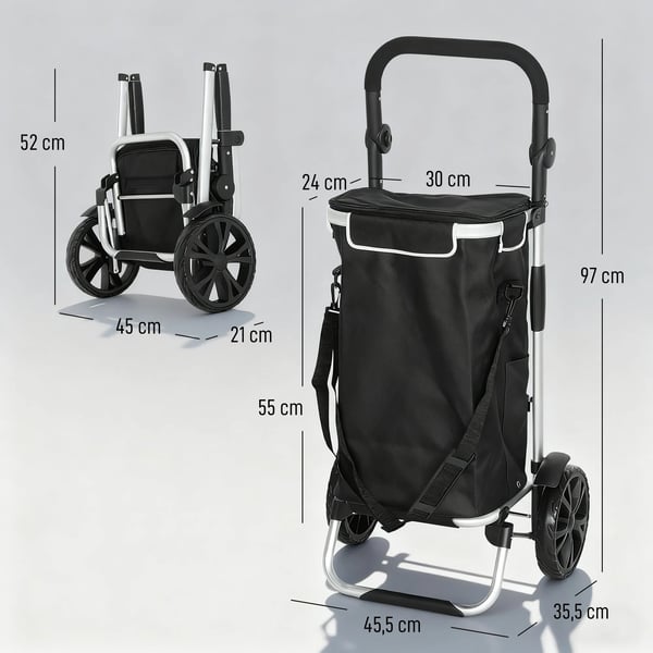 HOMCOM 3-i-1 Sammenklappelig IndkIbstrolley med KIlerum, 40L, Aluminium, Sort