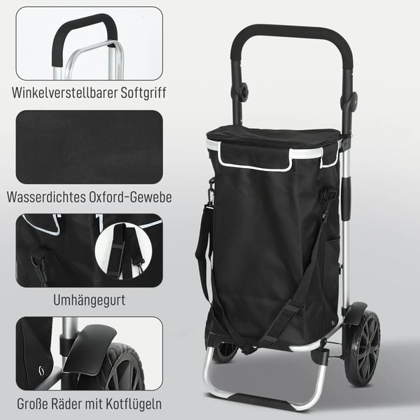 HOMCOM 3-i-1 Sammenklappelig IndkIbstrolley med KIlerum, 40L, Aluminium, Sort
