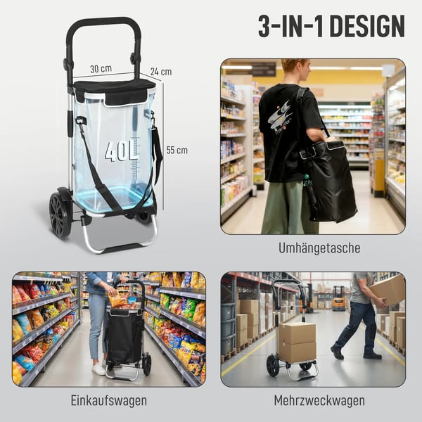 HOMCOM 3-i-1 Sammenklappelig IndkIbstrolley med KIlerum, 40L, Aluminium, Sort