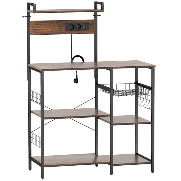 HOMCOM Keittiöteline, vapaasti seisova, 2 pistorasiaa, 5 koukkua, 5 tasoa, kori, X-tuet, teräs, 90x42x130cm, Rustiikkinen Ruskea