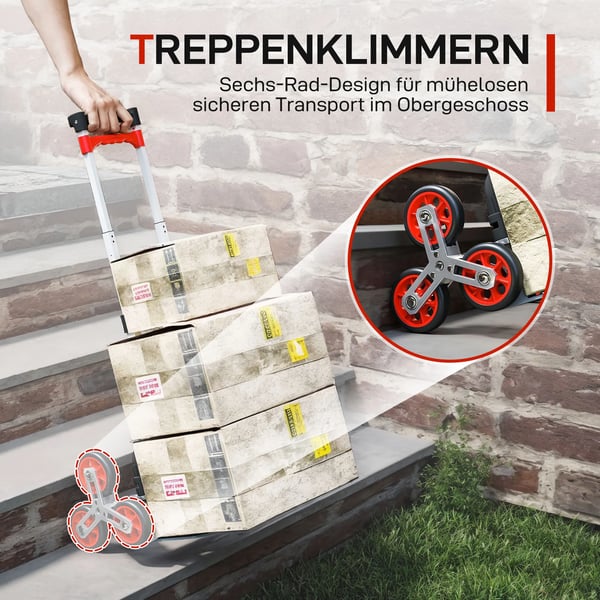 HOMCOM Foldbar trappeklatrer-trolley, 6-hjul, Aluminium/Metal, Sølv+Rød, Max 70 kg.