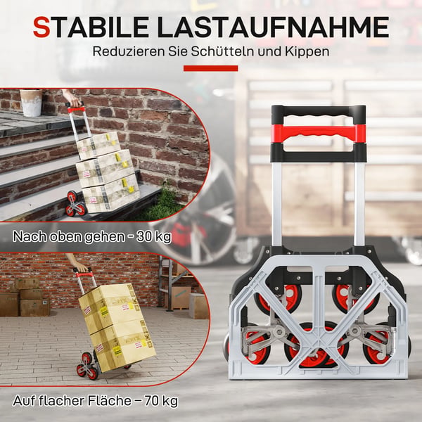 HOMCOM Foldbar trappeklatrer-trolley, 6-hjul, Aluminium/Metal, Sølv+Rød, Max 70 kg.
