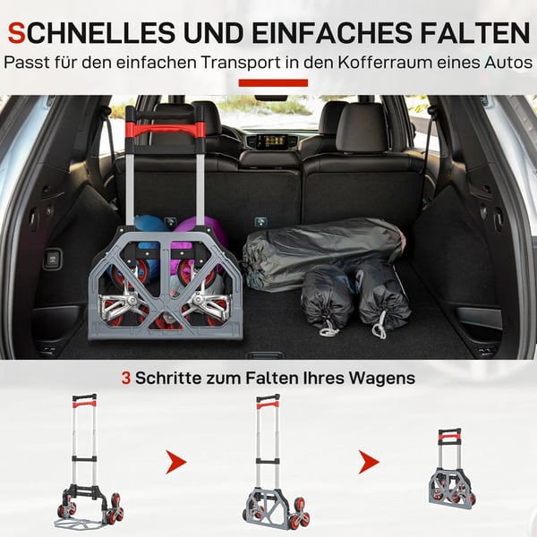 HOMCOM Foldbar trappeklatrer-trolley, 6-hjul, Aluminium/Metal, Sølv+Rød, Max 70 kg.