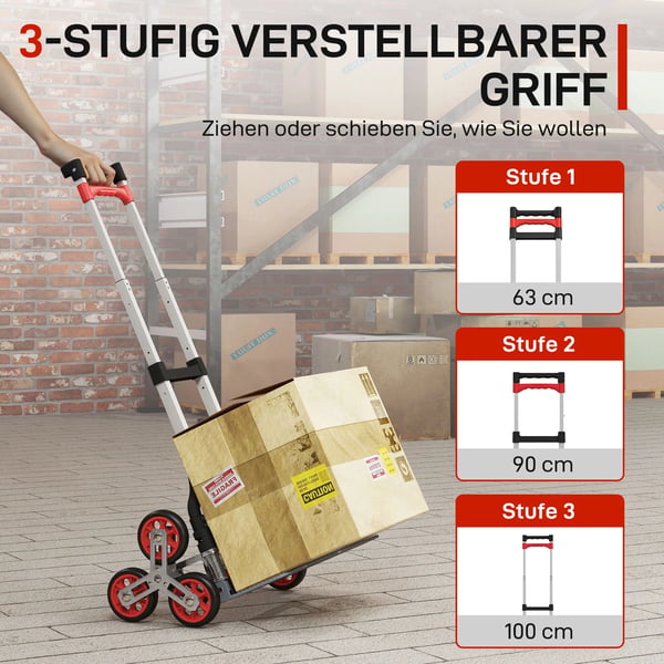 HOMCOM Foldbar trappeklatrer-trolley, 6-hjul, Aluminium/Metal, Sølv+Rød, Max 70 kg.