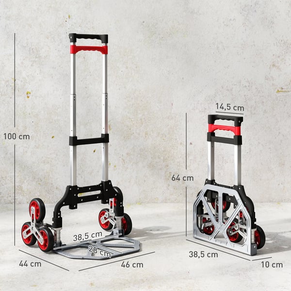 HOMCOM Foldbar trappeklatrer-trolley, 6-hjul, Aluminium/Metal, Sølv+Rød, Max 70 kg.